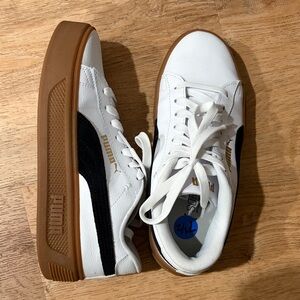 Puma Women's White and Black Platform Sneakers with Brown Sole